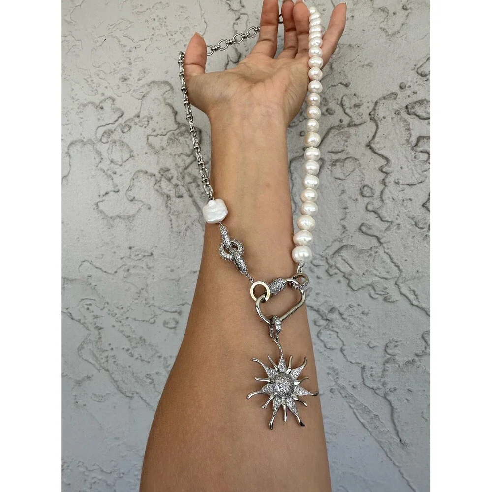 White natural pearl half chain necklace, combined freshwater pearl and bulky cha